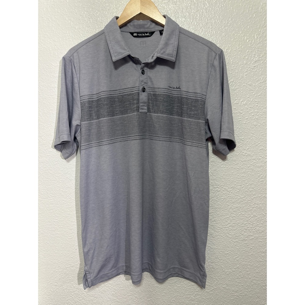 TravisMathew Mens Large Grey Striped Short Sleeve Performance Golf Polo Shirt